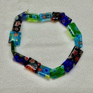 Murano Millefiori Glass Tile Bracelet - Multicolor Floral Design